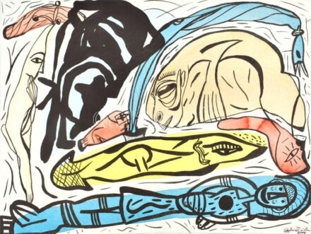 Győri Márton (1979-): Vidám vízalatti karnevál, 2004. Ecoline, akvarell, merített papír. Jelezve jobbra lent. Hátoldalán autográf felirattal. 56x76 cm