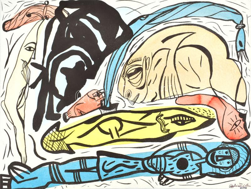 Győri Márton (1979-): Vidám vízalatti karnevál, 2004. Ecoline, akvarell, merített papír. Jelezve jobbra lent. Hátoldalán autográf felirattal. 56x76 cm