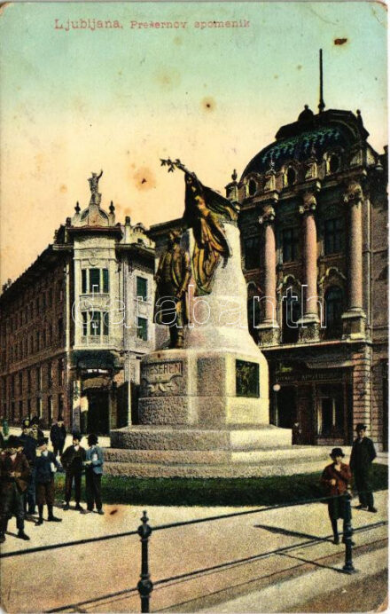 Ljubljana, Laibach; Presernov spomenik, Apotheke / statue, pharmacy (EK)