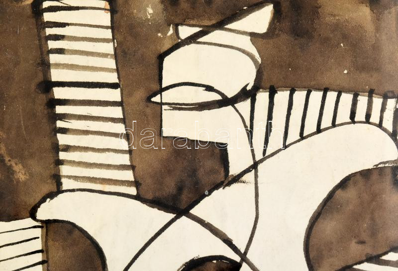 Kádár Béla (1877-1956): Geometrikus kompozíció. Lavírozott tus, papír, jelzés nélkül, üvegezett fakeretben, 22x15 cm. Proveniencia: Egykor a Kádár-család gyűjteményében. / ink on paper, signed, framed, 22x15 cm - Image 3