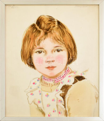 Róna Emy (1904-1988): Sárospataki óvodás, 1952. Akvarell, ceruza, papír, jelzett, üvegezett fakeretben. 39,5×30,5 cm. / watercolour and pencil on paper, signed, framed.