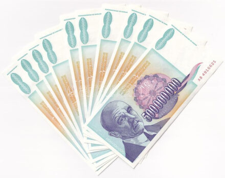 Jugoszlávia 1993. 500.000.000D (10x) sorszámkövetők 'AB 4916621 - AB 4916630' T:AU Yugoslavia 1993. 500.000.000 Dinara (10x) consecutive serials 'AB 4916621 - AB 4916630' C:AU Krause P#134