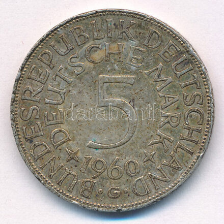 Német Szövetségi Köztársaság 1965D 5M Ag T:XF,VF patina több ph. Federal Republic Germany 1965D 5 Mark Ag C:XF,VF patina multiple edge errors Krause KM#112.1