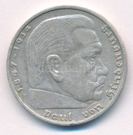 Német Harmadik Birodalom 1936F 5M Ag 'Hindenburg' T:XF patina German Third Reich 1936F 5 Marks Ag 'Hindenburg' C:XF patina
