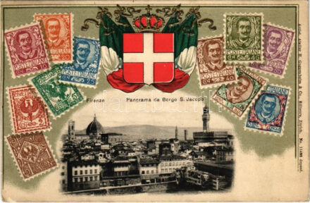 Firenze, Florence; Panorama da Borgo S. Jacopo. Artist. Atelier H. Guggenheim & Co. No. 11498. Emb. coat of arms, flags, stamps, Art Nouveau, litho