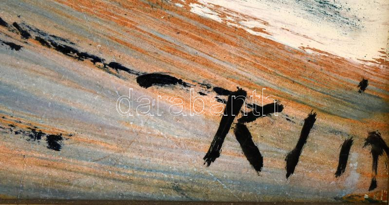 Klie Zoltán (1897-1992): Különös világ. Olaj, farost, jelezve jobbra lent. Hátoldalán autográf felirattal. Fakeretben. 50x70 cm / oil on wood fibre, signed, framed - Image 3