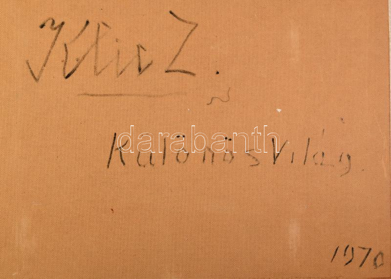 Klie Zoltán (1897-1992): Különös világ. Olaj, farost, jelezve jobbra lent. Hátoldalán autográf felirattal. Fakeretben. 50x70 cm / oil on wood fibre, signed, framed - Image 4