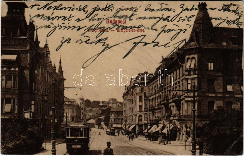 1912 Budapest II. Margit körút, Margit Park kávéház, villamos, háttérben a Rózsadomb (fa)