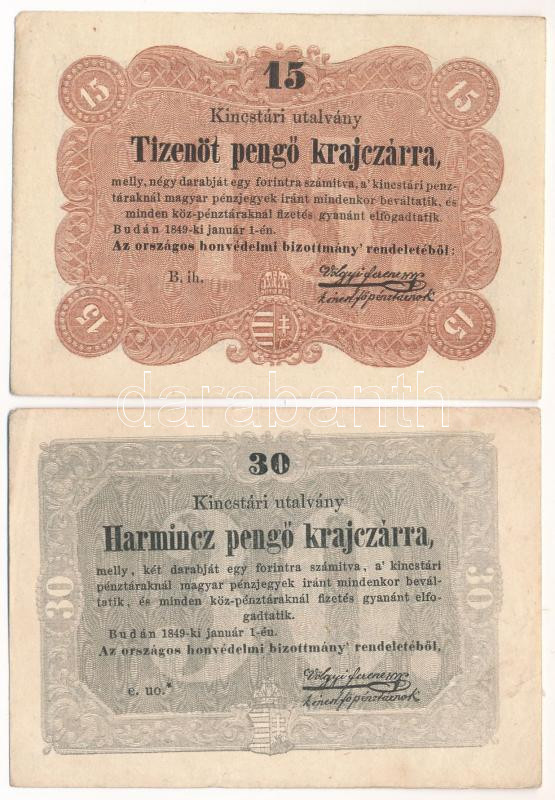 1849. 15kr + 30kr 'Kossuth bankó' T:XF,VF Adamo G102, G103