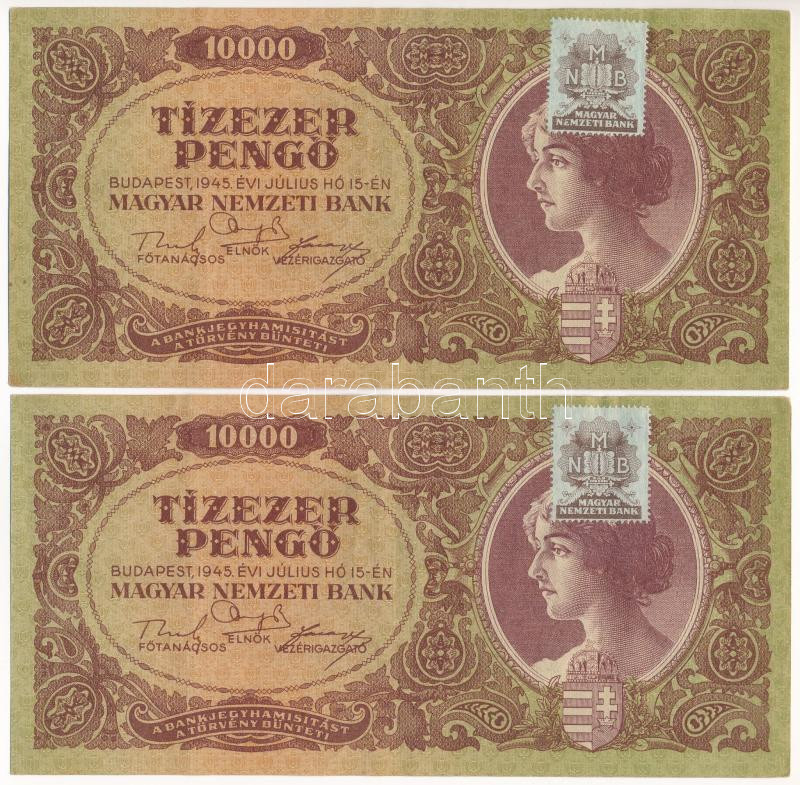 1945. 10.000P 'MNB' bélyeggel (2x) sorszámkövetők 'L 566 037049 - L 566 037050' T:XF Adamo P23e