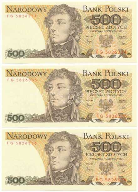 Lengyelország 1982. 500Zl (3x) sorszámkövetők 'FG 5826334 - FG 5826336' T:UNC Poland 1982. 500 Zlotych (3x) consecutive serials 'FG 5826334 - FG 5826336' C:UNC Krause P#145
