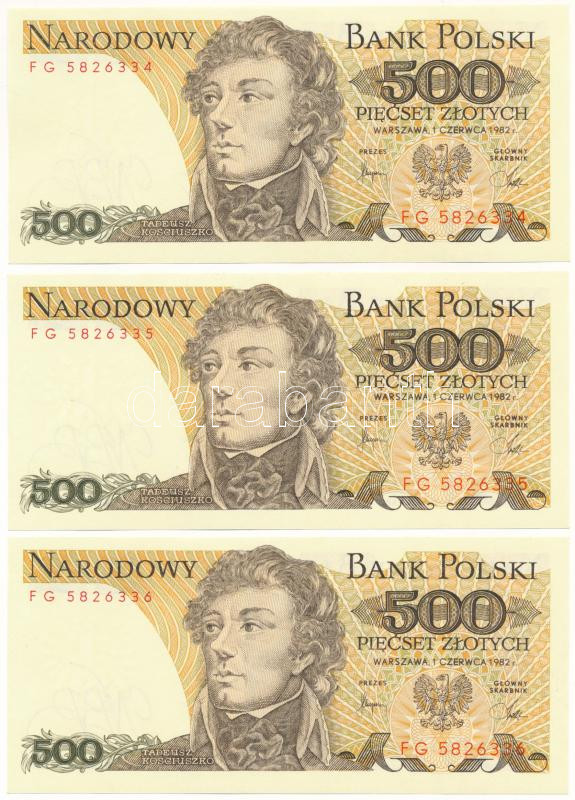 Lengyelország 1982. 500Zl (3x) sorszámkövetők 'FG 5826334 - FG 5826336' T:UNC Poland 1982. 500 Zlotych (3x) consecutive serials 'FG 5826334 - FG 5826336' C:UNC Krause P#145