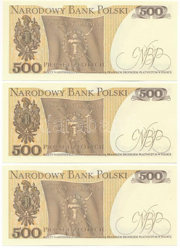 Lengyelország 1982. 500Zl (3x) sorszámkövetők 'FG 5826334 - FG 5826336' T:UNC Poland 1982. 500 Zlotych (3x) consecutive serials 'FG 5826334 - FG 5826336' C:UNC Krause P#145 - Image 2