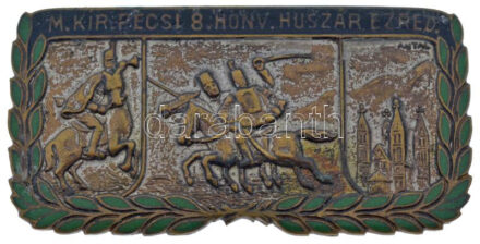 ~1914. 'M. Kir. 8. Pécsi Honv. Huszár Ezred (Magyar Királyi Pécsi 8. Honvéd Huszárezred)' részben zománcozott és ezüstözött bronz jelvény. Szign.: Antal (62x31mm) T:XF,VF zománchiba, kopott ezüstözés / Hungary ~1914. 'M. Kir. 8.