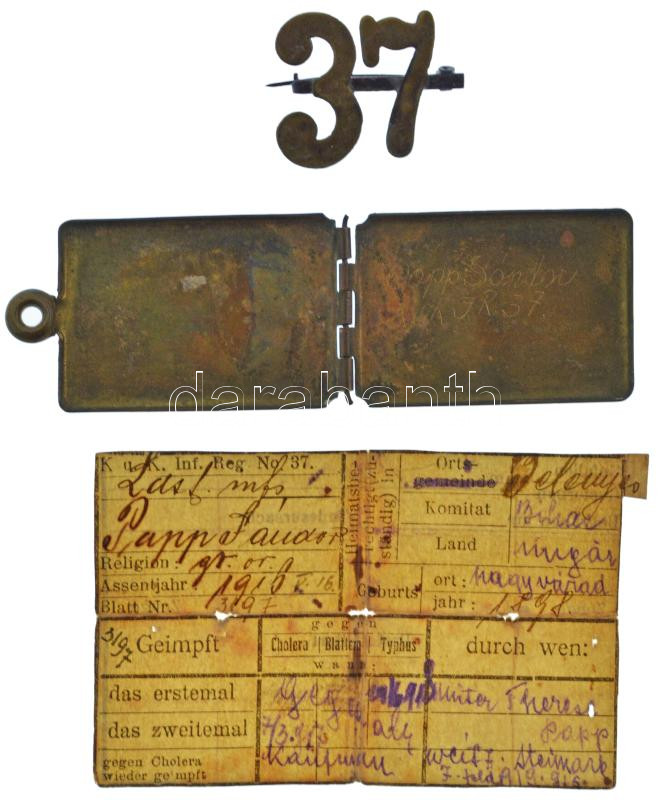 1916. '37 (37. számú gyalogezred)' Cu jelvény + nyitható magyar katonai dögcédula, belül belekarcolt szöveggel (Papp Sándor, K.u.K. JR 37' és a hozzá tartozó személyi papírral T:XF / Hungary 1916. '37 (Infantry Regiment No. 37)' Cu