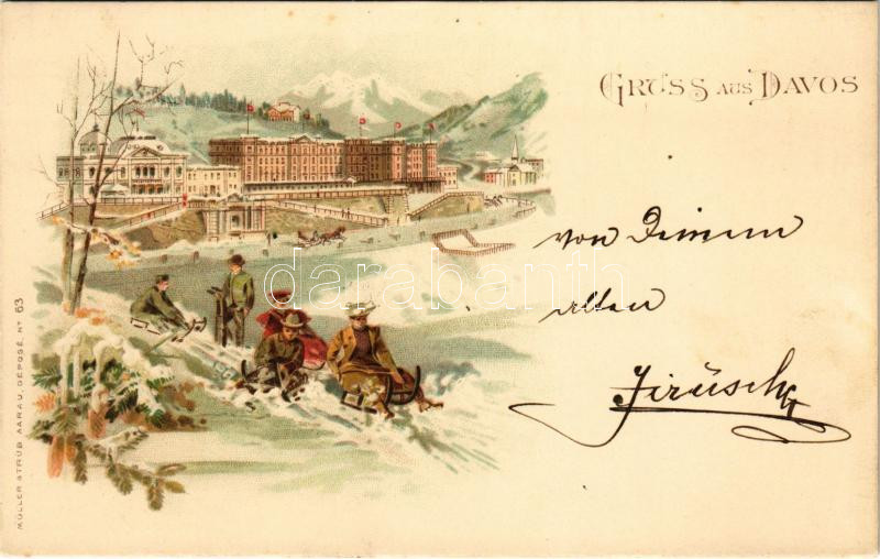 Gruss aus Davos / Téli sport, szánkózók / Winter sport, sledding, sleighing. Müller & Trüb No. 63. Art Nouveau, floral, litho