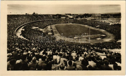 Budapest XIV. Népstadion, labdarúgó mérkőzés, foci. Képzőművészeti Alap kiadóvállalat + 'Osztrák-Magyar 100. labdarúgó mérkőzés 1955. X. 16.' So. Stpl.
