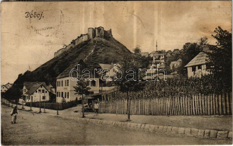 Doboj, street view with shops, castle (r)