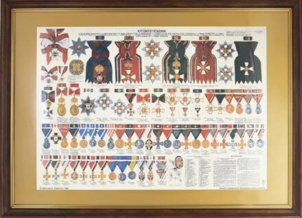 1998. 'Magyar Királyság kitüntetései' nagyméretű plakáton, képekkel a kitüntetésekről, dekoratív, fahatású műanyag keretben, üvegezve. A Hadimúzeum Alapítvány által készített másolat, a Hadtörténeti Múzeumban őrzött
