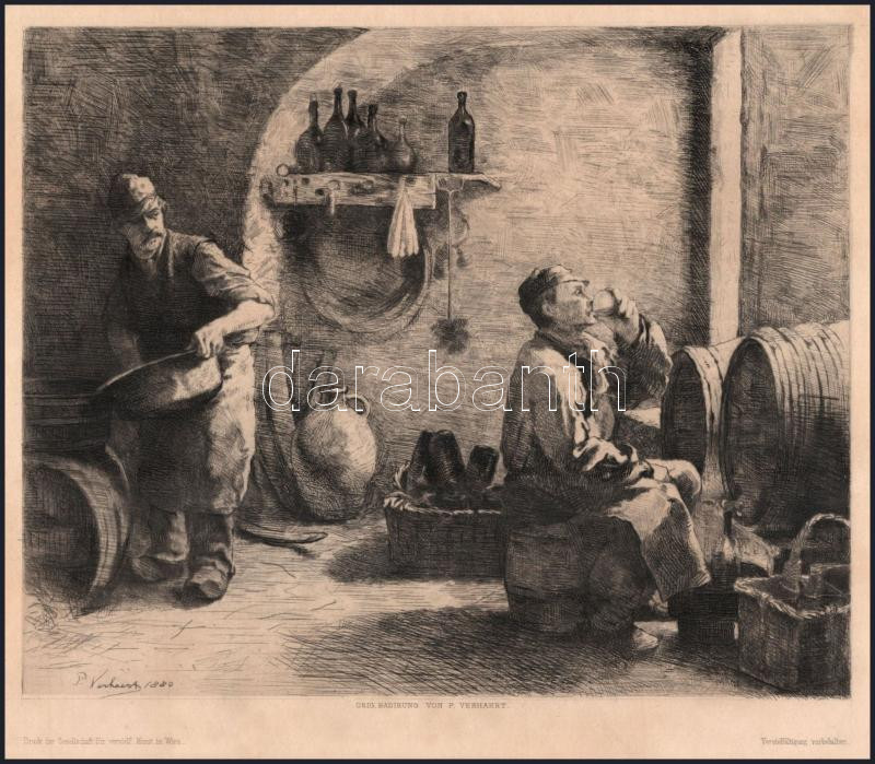 P. Verhaert: Borozgató, 1880 körül. Rézkarc, papír, jelzett a metszeten. Kissé foltos. 20x24,5 cm - Image 2