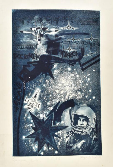 Zsigovics Iván (1958- ):Vadászrepülők. Rézkarc, papír, jelzett, számozott (27/50), kis gyűrődésekkel. 40x25 cm