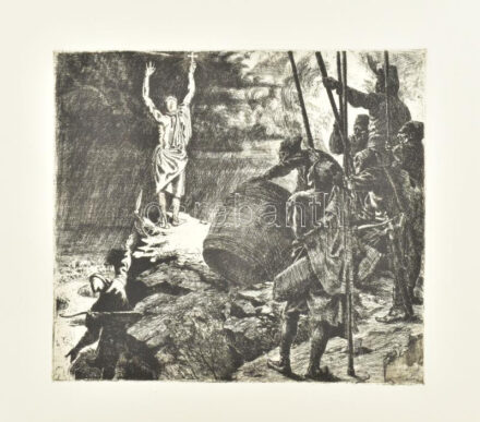 Zombory Moldován Béla (1885-1967): Szent Gellért vértanúsága. Rézkarc, papír, jelzés nélkül, hátoldalán bélyegzővel és feliratozott, 22×24,5 cm
