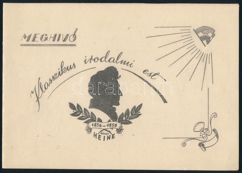 1956 Meghívó a 'Világirodalom klasszikusai' c. irodalmi estre (előadó: Képes Géza)
