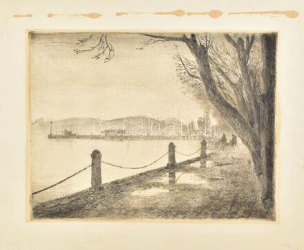 Zombory Moldován Béla (1885-1967): A füredi sétány ősszel (Balaton). Rézkarc, papír, jelzés nélkül, hátoldalán bélyegzővel és feliratozott, 25,5×34 cm