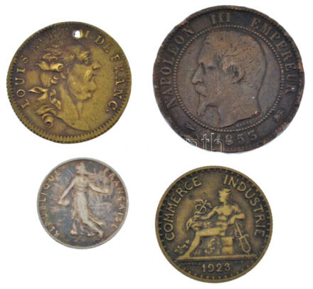 Franciaország 1853D 10c Cu 'III. Napóleon' + 1898. 50c Ag + 1923. 1Fr Cu-Al + 1793. 'XVI. Lajos / Sol Regni Abiit (A királyság napja eltűnt)' sárgaréz zseton átfúrva (24mm) T:VF,F France 1853D 10 Centimes Cu 'Napoleon III' + 1898. 50