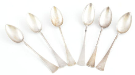 Ezüst (Ag) 6 db teás kanál készlet. Jelzett, dianás. XX. sz. eleje. 174 g