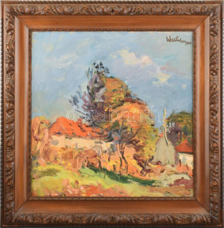Walter Friedrich (1931-1996): Erdélyi táj, 1988. Olaj, vászon. Jelezve jobbra fent. 55x55 cm. Hátoldalán romániai kiviteli bélyegzővel. Dekoratív fakeretben. Walter Friedrich 1931-ben Marosludason született, az expresszív stílusa