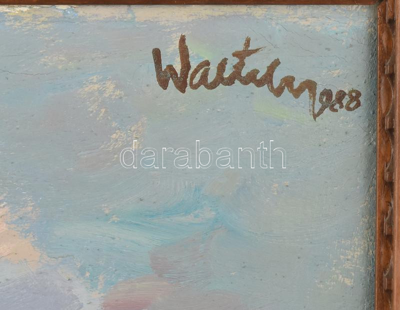 Walter Friedrich (1931-1996): Erdélyi táj, 1988. Olaj, vászon. Jelezve jobbra fent. 55x55 cm. Hátoldalán romániai kiviteli bélyegzővel. Dekoratív fakeretben. Walter Friedrich 1931-ben Marosludason született, az expresszív stílusa - Image 2