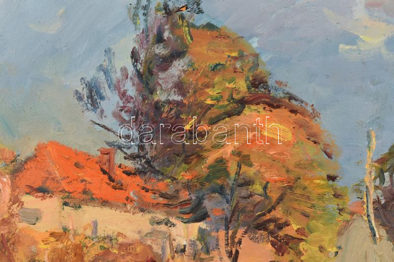 Walter Friedrich (1931-1996): Erdélyi táj, 1988. Olaj, vászon. Jelezve jobbra fent. 55x55 cm. Hátoldalán romániai kiviteli bélyegzővel. Dekoratív fakeretben. Walter Friedrich 1931-ben Marosludason született, az expresszív stílusa - Image 3