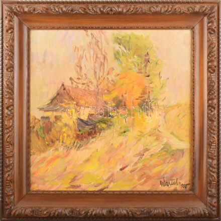 Walter Friedrich (1931-1996): Virágzás Gradinában, 1988. Olaj, vászon. Jelezve jobbra lent. 55x55 cm. Hátoldalán címkén autográf felirattal és romániai kiviteli bélyegzővel. Dekoratív fakeretben. Walter Friedrich 1931-ben Marosludason