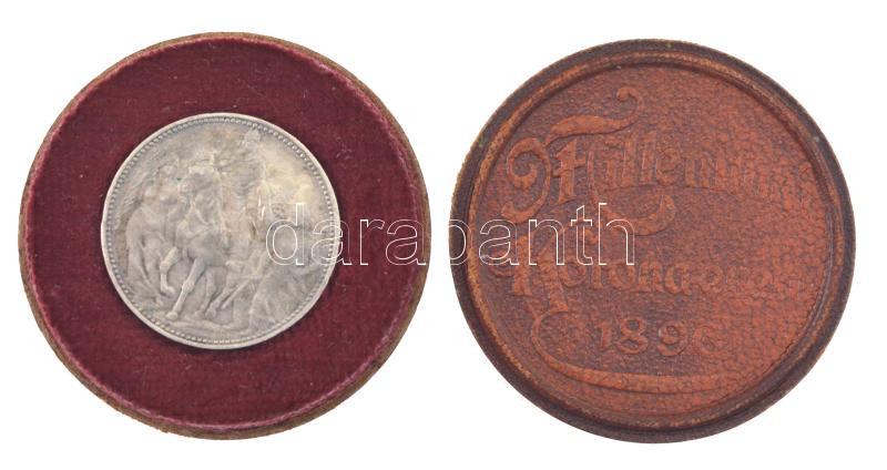 1896KB 1K Ag 'Millennium' eredeti, dombornyomott, bordó színű 'Millenniumi Koronaérem - 1896' díszdobozban T:XF,VF kis patina, kopott doboz / Hungary 1896KB 1 Korona Ag 'Millennium' in original, embossed, burgundy case C:XF,VF small patina,