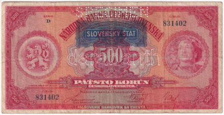 Szlovákia 1929. 500K 'SPECIMEN' perforációval és kék 'SLOVENSKY STAT' felülbélyegzéssel T:VG Slovakia 1929. 500 Korun perforated 'SPECIMEN' and blue 'SLOVENSKY STAT' overprint C:VG Krause 24.s