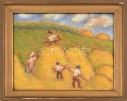 Bálint Rezső (1885-1945): Aratók. Pasztell, papír, jelezve balra lent, 28x34 cm. Üvegezett fakeretben. / Pastell on paper. Signed. 28x34 cm. Framed.