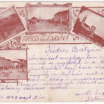 1899 (Vorläufer) Csák, Csákova, Ciacova; Alte Ruine am Bahnhof, Temesvarer-Strasse, Deutsche Kirche und Kloster, Franz Josefs Platz / régi romok a vasútállomásnál, Temesvári utca, Német templom és zárda, Ferenc József tér, üzletek,