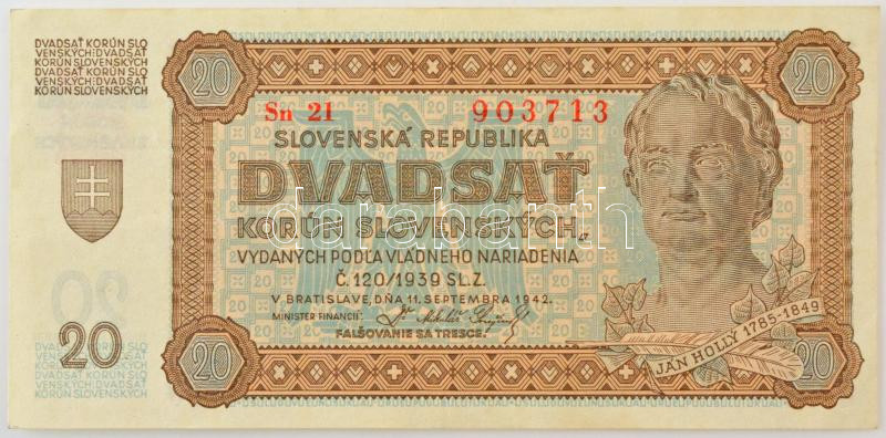 Szlovákia 1942. 20K 'Sn 21 903713' T:VF / Slovakia 1942. 20 Korun 'Sn 21 903713' C:VF Krause P#7