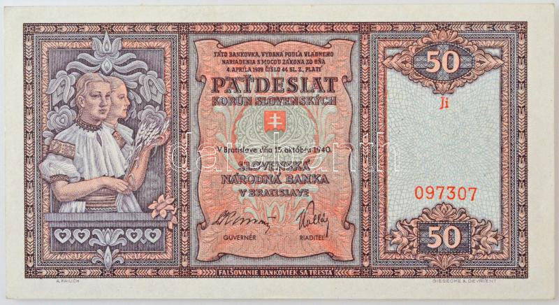Szlovákia 1940. 50K 'Ji 097307' T:AU / Slovakia 1940. 50 Korun 'Ji 097307' C:AU Krause 9.a