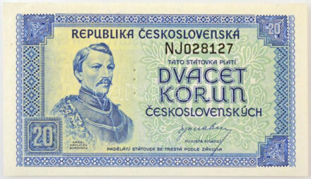 Csehszlovákia 1945. 20K három perforált lyuk, 'NJ028127' T:AU / Czechoslovakia 1945. 20 Korun perforated with 3 holes, 'NJ028127' C:AU Krause 61.s