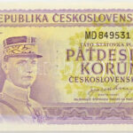 Csehszlovákia 1945. 50K három perforált lyuk, 'MD 849531' T:AU / Czechoslovakia 1945. 50 Korun perforated with 3 holes, 'MD 849531' C:AU Krause 62.s