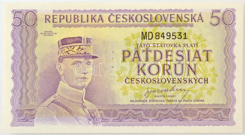 Csehszlovákia 1945. 50K három perforált lyuk, 'MD 849531' T:AU / Czechoslovakia 1945. 50 Korun perforated with 3 holes, 'MD 849531' C:AU Krause 62.s
