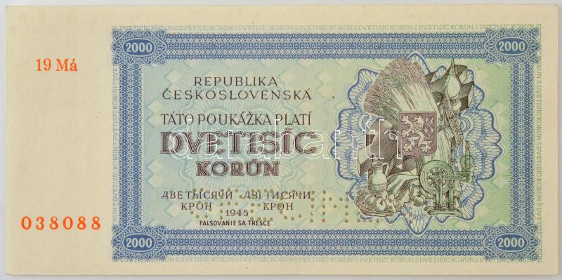 Csehszlovákia 1945. 2000K 'SPECIMEN' perforációval, '19 Má 038088' T:XF / Czechoslovakia 1945. 2000 Korun with 'SPECIMEN' perforation, '19 Má 038088' C:XF Krause 50A.s
