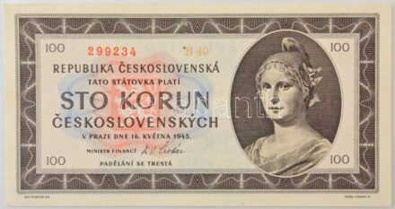 Csehszlovákia 1945. 100K három perforált lyuk, 'B 40 299234' T:UNC / Czechoslovakia 1945. 100 Korun perforated with 3 holes, 'B 40 299234' C:UNC Krause 67.s
