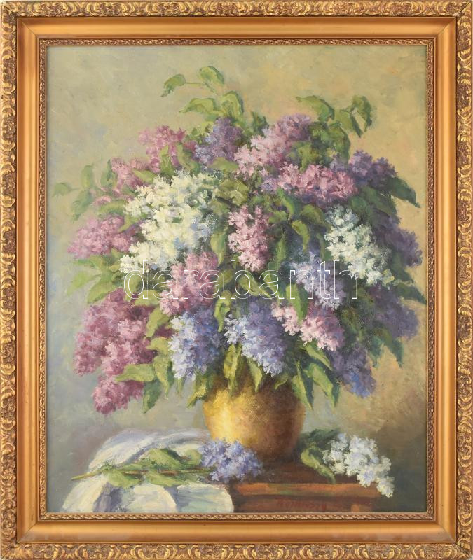 Kómlóssy László (1919-1990): Csendélet. Olaj, vászon. Dekoratív, sarkaiban kissé sérült fakeretben. 80×65 cm