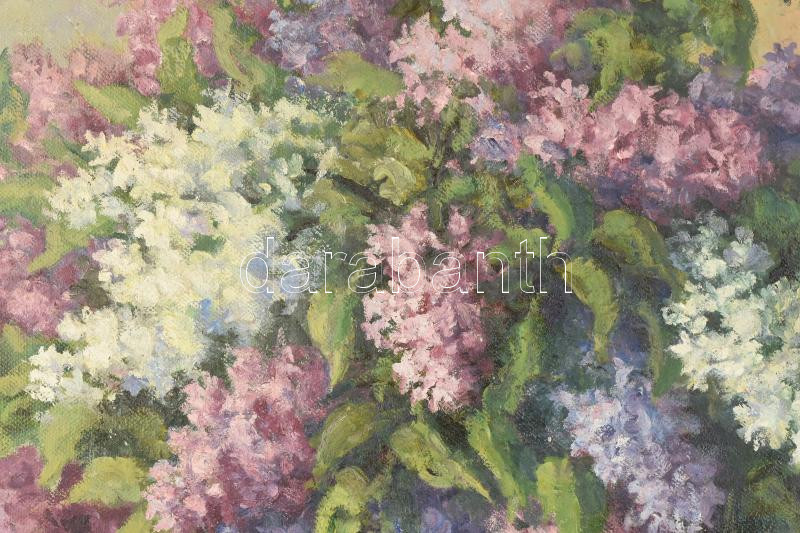 Kómlóssy László (1919-1990): Csendélet. Olaj, vászon. Dekoratív, sarkaiban kissé sérült fakeretben. 80×65 cm - Image 2