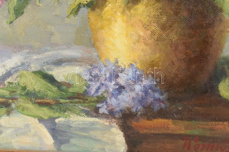 Kómlóssy László (1919-1990): Csendélet. Olaj, vászon. Dekoratív, sarkaiban kissé sérült fakeretben. 80×65 cm - Image 3