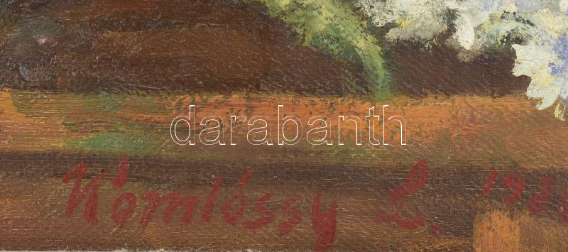 Kómlóssy László (1919-1990): Csendélet. Olaj, vászon. Dekoratív, sarkaiban kissé sérült fakeretben. 80×65 cm - Image 4