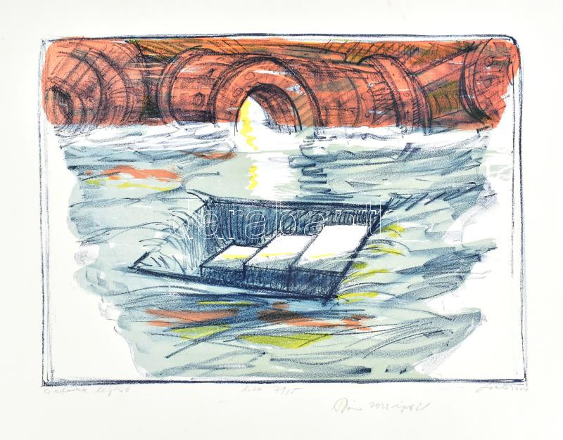 Sinkó István (1951-): Csatorna lejáró, 2004. Litográfia, papír, jelzett, számozott: 7/15. 36x50 cm.